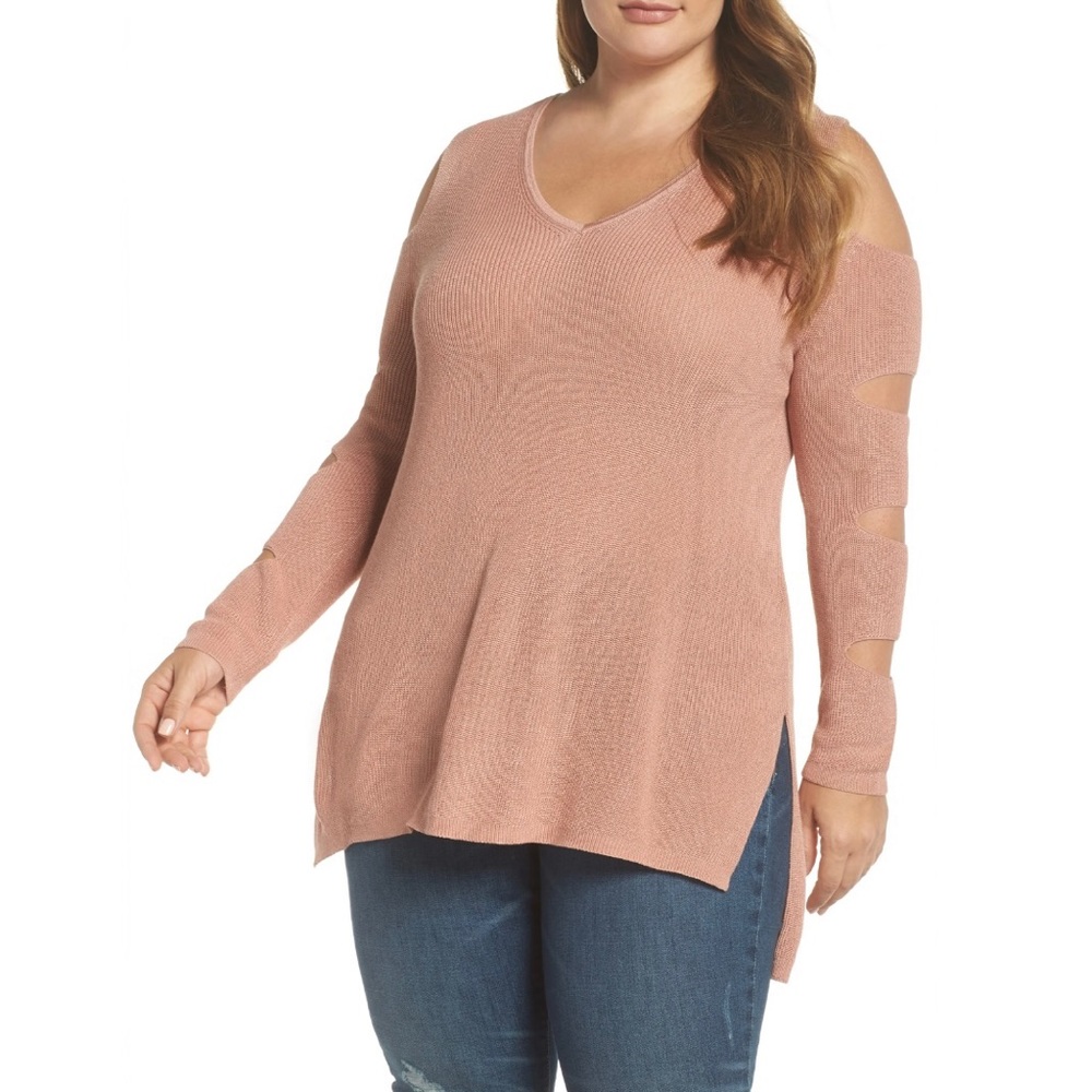 1.State Cold Shoulder Slit Sleeve Sweater, Sheer Blush, 2X